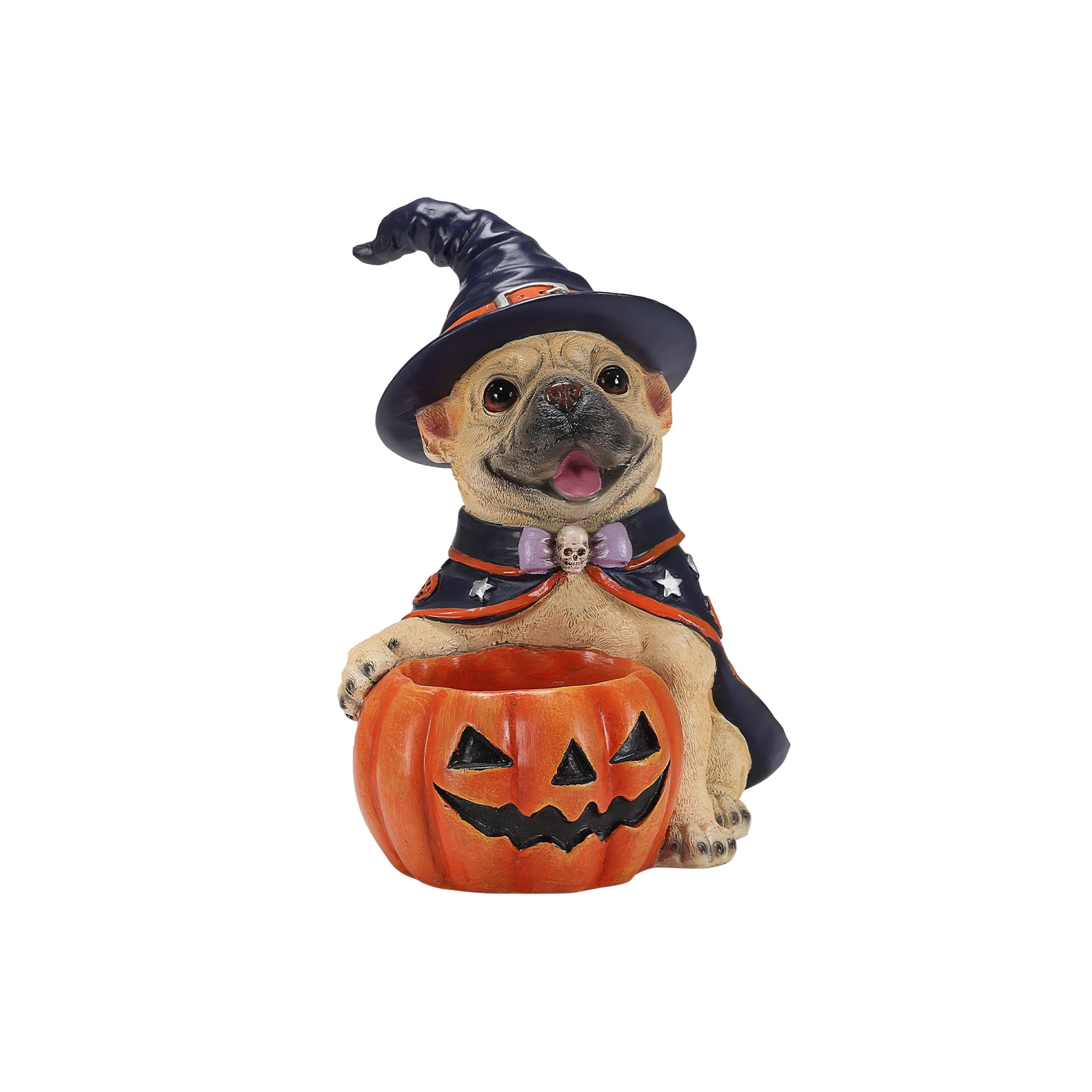 French Bulldog Figurine 12.6 Inch, Halloween Witch Puppy Statue with Pumpkin Candy Bowl, Cute Dog Decor for Tabletop and Holiday Display, Beige and Orange-Red