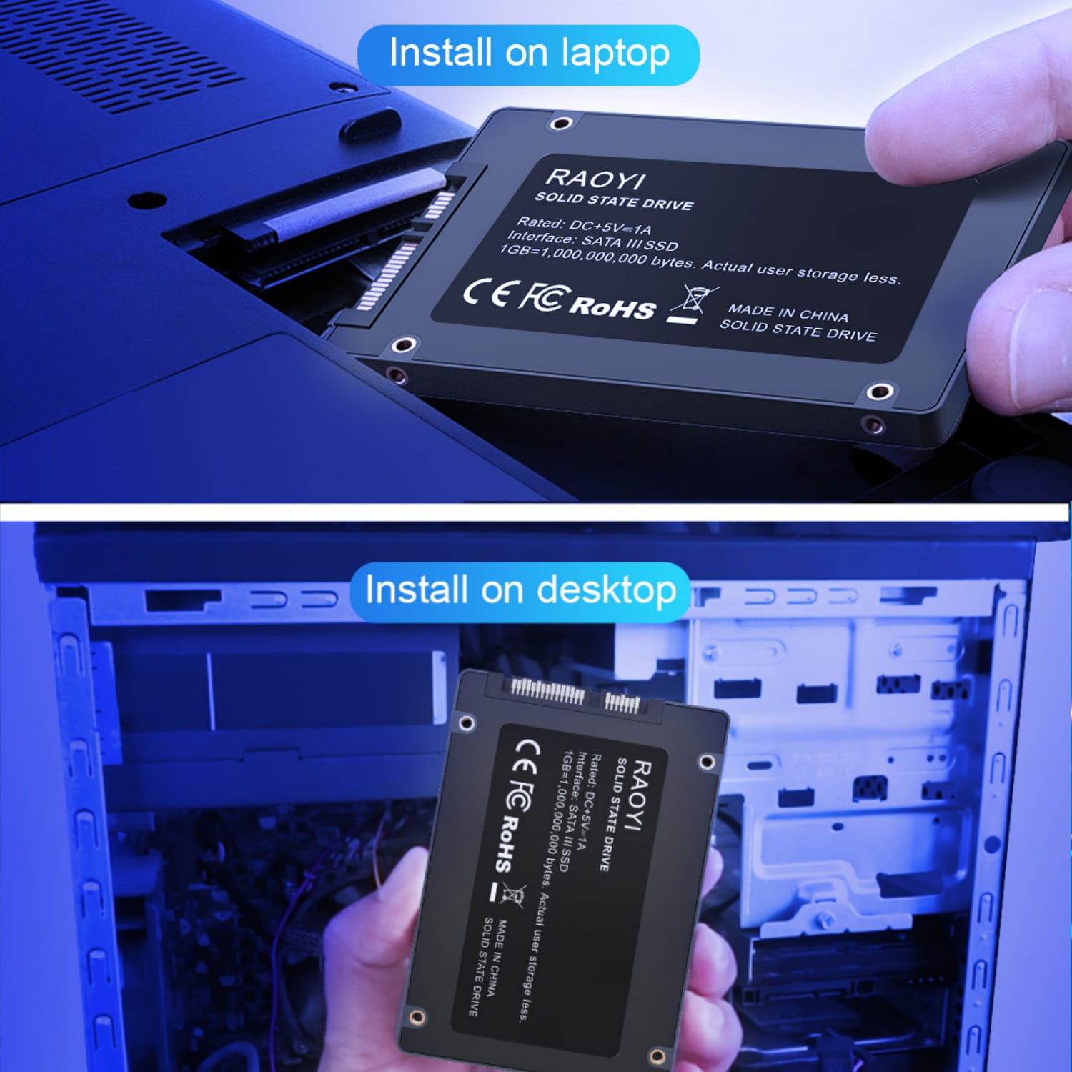 RAOYI 1000GB SATA III SSD 2.5" Internal Hard Drives,Up to 550MB/s,with 3D NAND, for Laptop & Desktop PC Upgrade