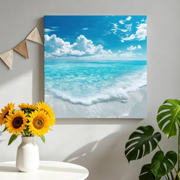 Canvas Wall Art Summer Ocean Canvas Art Print Seascape Blue Coastal Wave Green Tropical Pain Trees Wall Decor for Living Room Bedroom Artwork Decorations Stretched Framed Ready to Hang 10"x10"