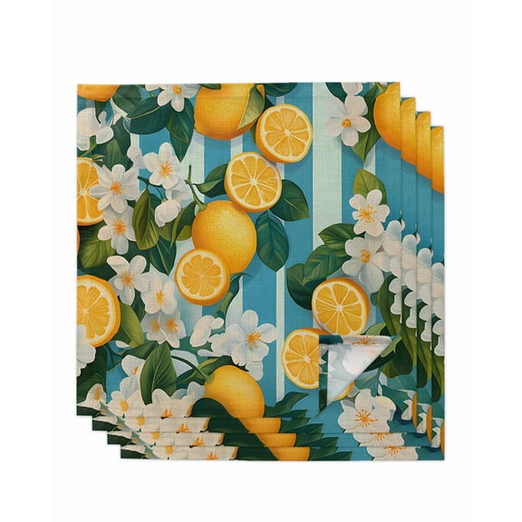 nqOlkjepod Yellow Lemon Cloth Napkins Set of 4 Reusable Dinner Napkins, Summer Fruit Floral Blue Stripe Burlap Cocktail Napkin Washable Table Napkins for Wedding/Holiday Party/Baby Shower 20"x20"