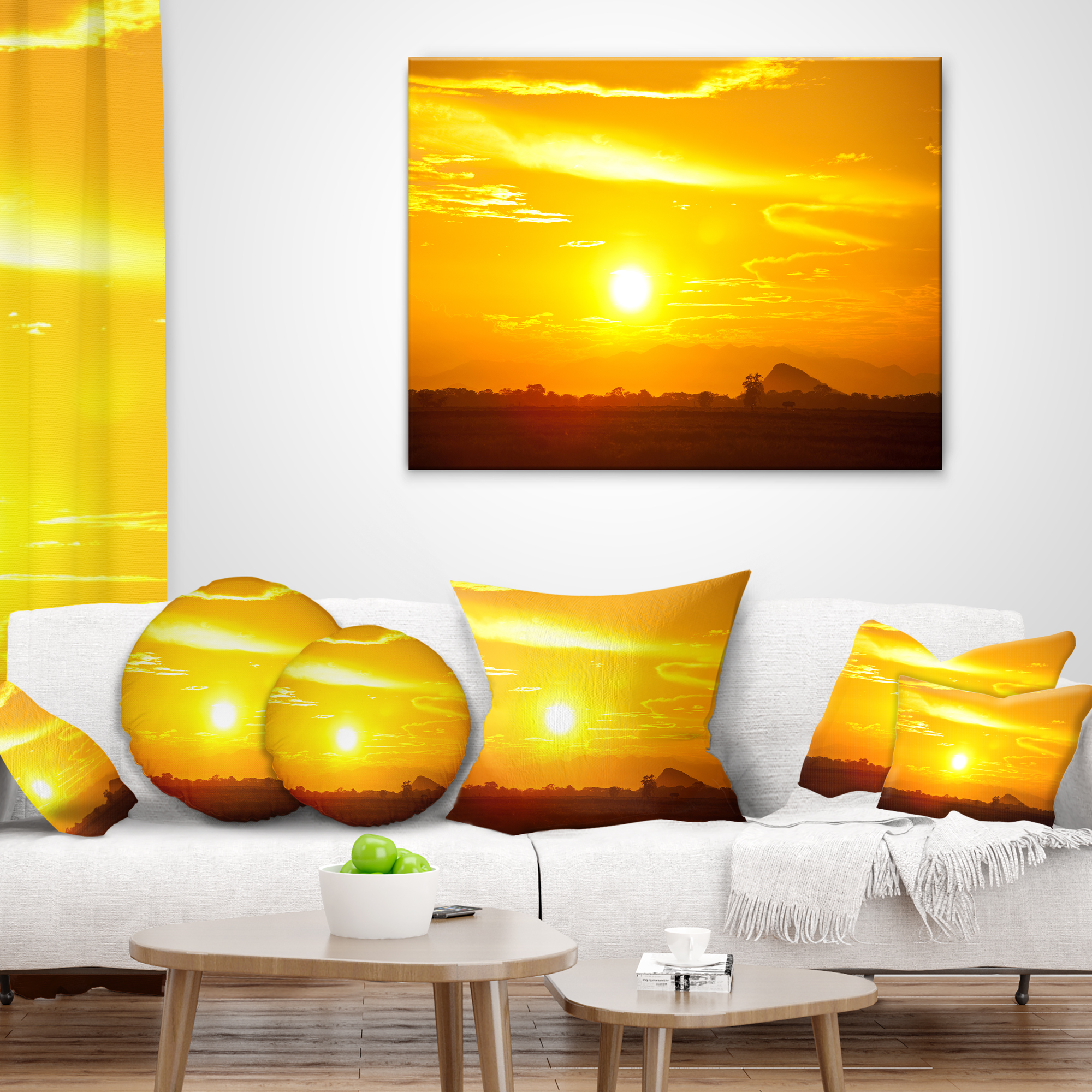 Designart Bright Yellow Sky At Sri Lanka Sunset - African Landscape Printed Throw Pillow - 18x18