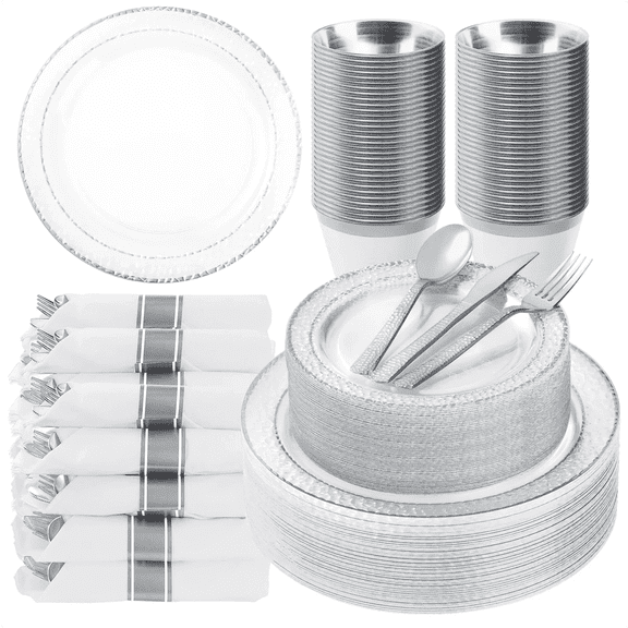 Goodluck 350PCS Clear Plastic Plates with Silver Trim for 50 Guests, Disposable Dinnerware Set for Party & Wedding, Includes 100 Plastic Plates, 50 Pre Rolled Napkins with Silver Silverware, 50 Cups