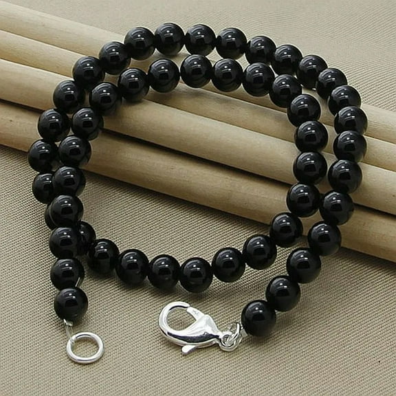 QQTDFG 925Sterling Silver 8mm 18" Black Pearl Beads T O Chains Necklace for Women Men-default