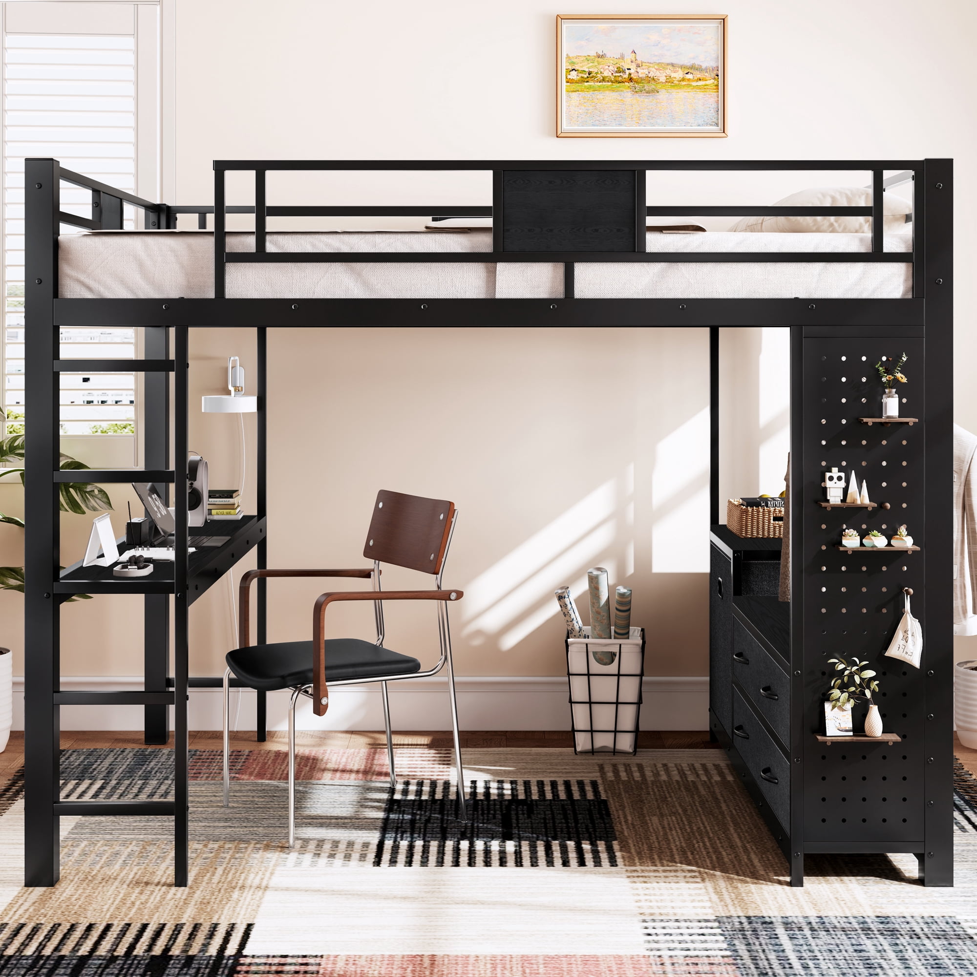 Queen Size Loft Bed with Desk & Storage Shelves, Metal Loft Bed Frame with Clothesline Pole & Pegboard, Space-Saving Adult Loft for Dorms, Apartment, Black