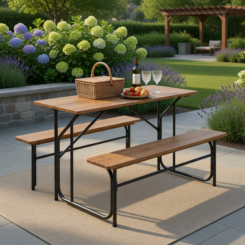 Hommoo Acacia Wood Outdoor Picnic Table & Bench Set for 2, Heavy-Duty Metal Frame, 52-inch Seating, Ideal for Backyard, Patio, Balcony, Black & Natural