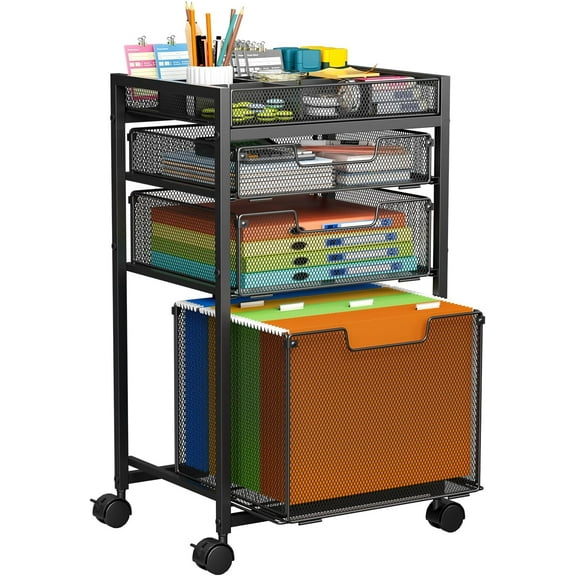 Rolling File Cart with 3 Storage Drawers, Under Desk Filing Cabinet with DIY Divider, Hanging File Folder Organizer on Wheels, Fits A4/Letter Size, Metal Utility Cart for Home Office
