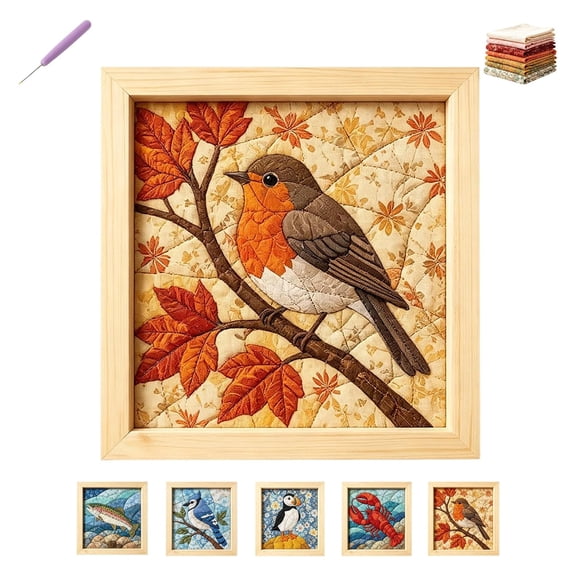 No-Sew Kinusaiga Fabric Art Kit, DIY Relaxing Handmade Art Project for Adults, Textile Craft Wall Decor Craft, Halloween Christmas Fall Gifts,Brown Bird