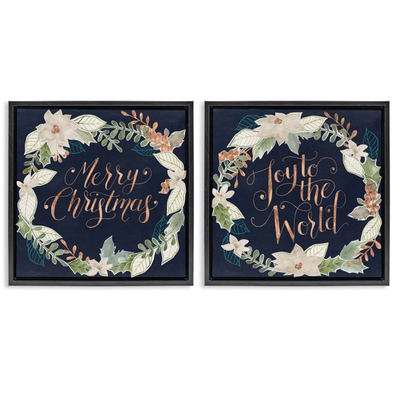 Stupell Industries Merry Christmas Joy Wreath Holiday Painting Black Floater Framed Canvas Art Prints Wall Art, 18 x 18, Set of 2