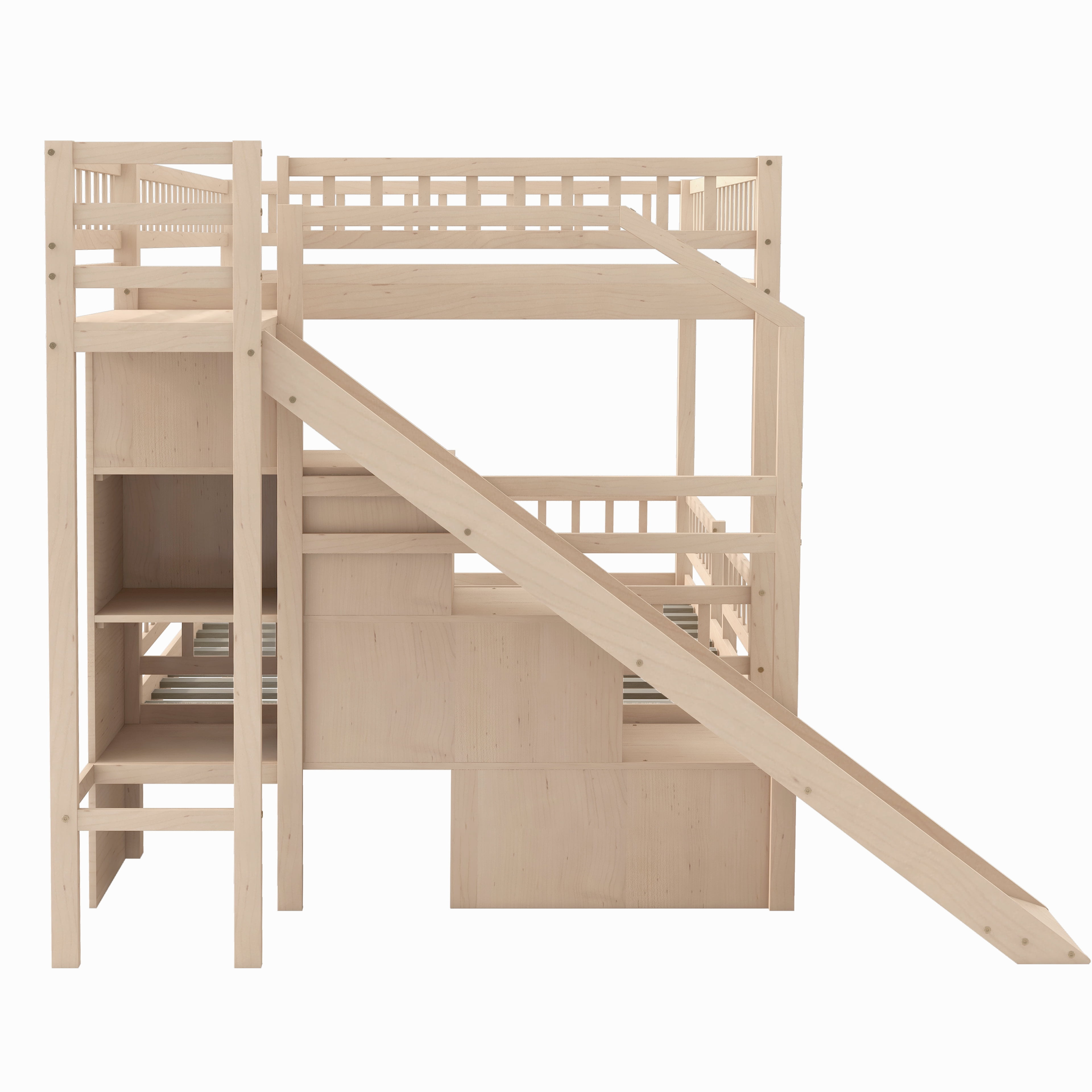 Euroco Wood Full over Full Bunk Bed with Drawers and Storage Staircase, Solid Bed with Slide, No Box Spring Needed, Walnut