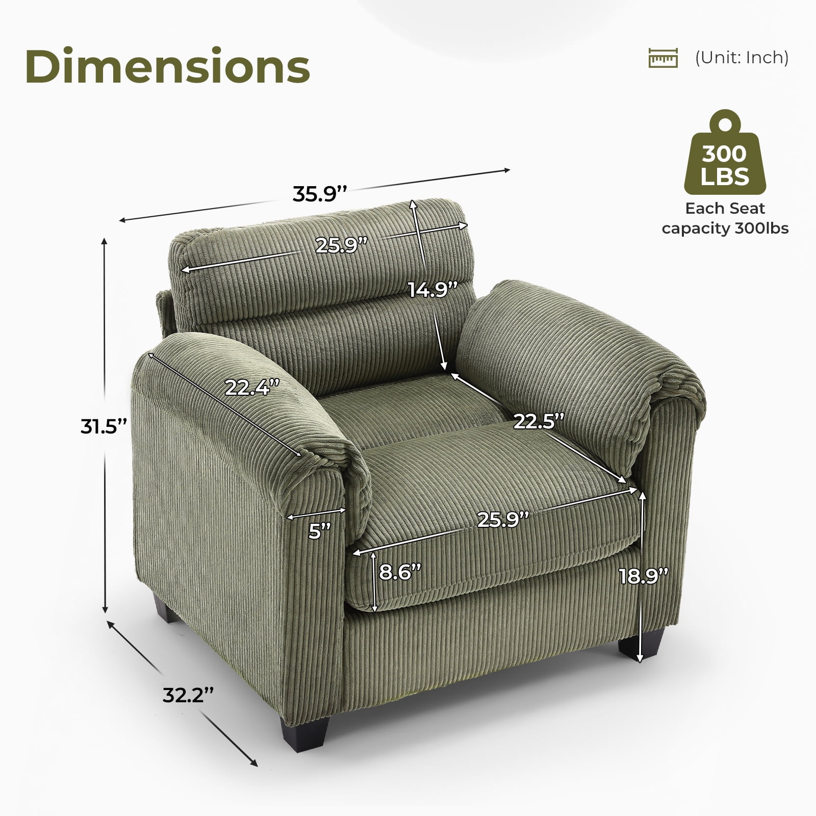 Bonzy Home Single Sofa - Compact Seating Solution Ideal for Small Spaces, Apartments, Offices, or Cozy Reading Nooks Green