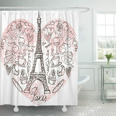 - KSADK Pink Eiffel Paris Doodle in Heart Tower Sketch Vintage Cafe Cake Celebration Clipart Bathroom Shower Curtain 60x72 inch