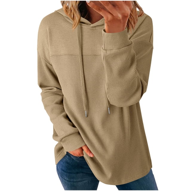 OHMZYZO Womens Hoodie Sweatshirt Waffle Knit Drawstring Hooded Pullover Top Casual Loose Lightweight Sweatshirt with Pockets