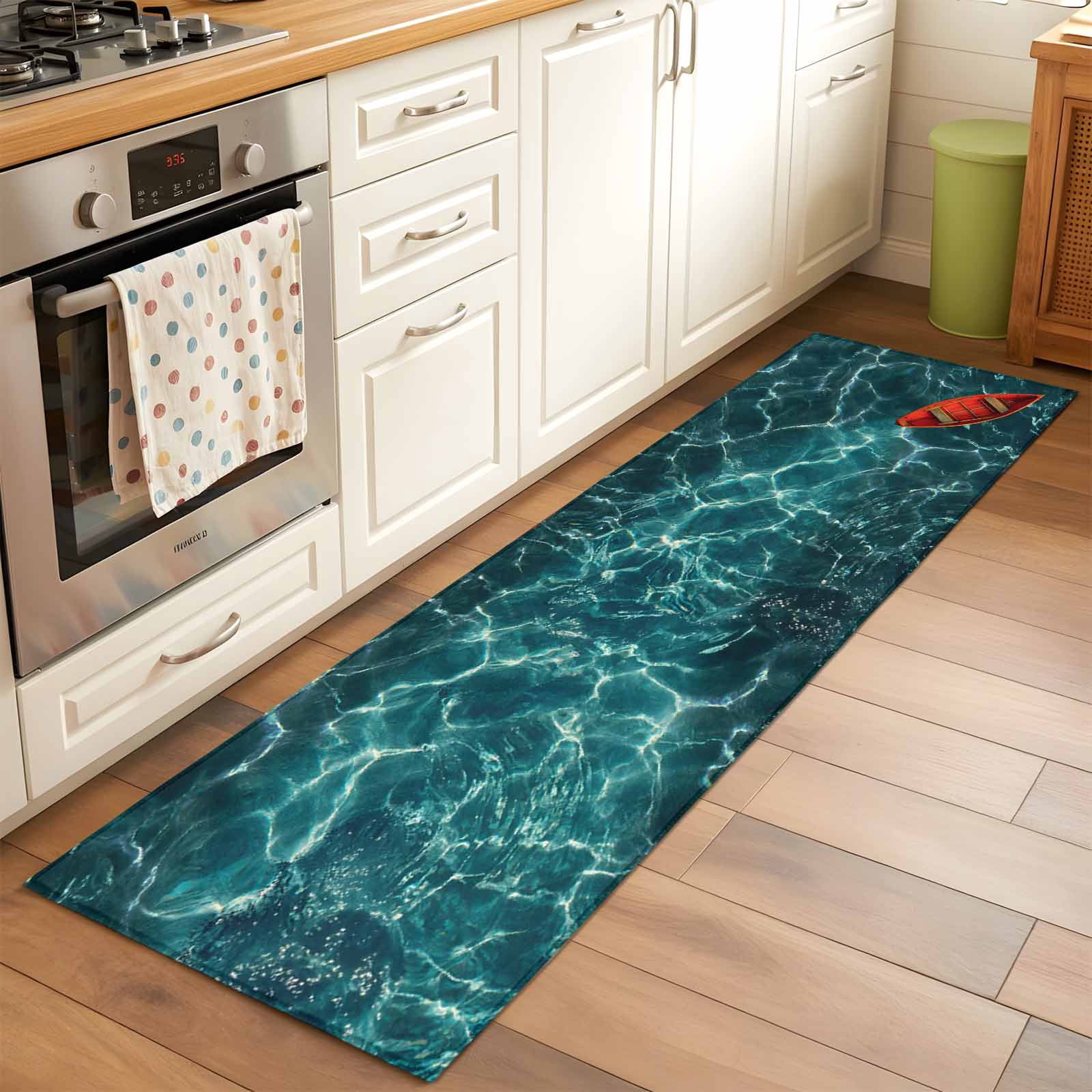 Teal Green Ocean Waves 2'x6' Runner Rugs for Hallway Kitchen Bedside Non Slip Washable, Red Boat Coastal Entryway Rug Runners with Rubber Backing, Long Carpet Runner for Laundry Room