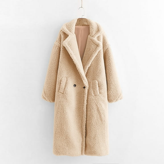 Qetyuw Fuzzy Long Jacket for Women Winter Long Sleeve Lapel Open Front Coat Button Down Casual Chunky Coats