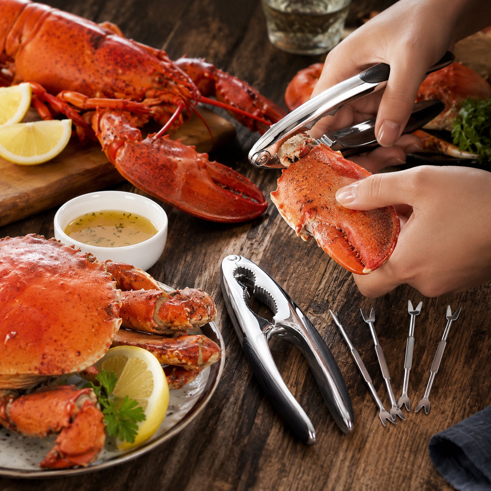 8-Piece Stainless Steel Crab and Lobster Cracker Set, 2 Non-Slip Seafood Crackers and 6 Dual-Ended Picks and Forks, Shellfish Tool Set for Crab Legs, Lobster and Nuts