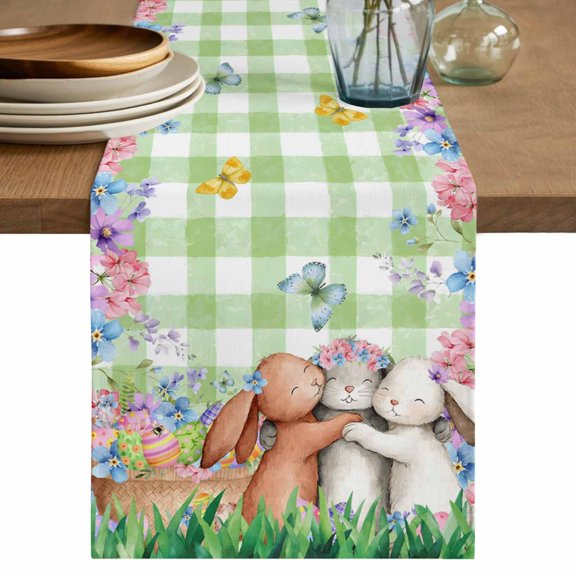 Table Runner 72 Inches Long for Kitchen Dining, Easter Bunny Dresser Scarf Farmhouse, Dining Table Decorations for Wedding/Parties, Cute Rabbits Colorful Eggs Floral Green Check 16 x 72 In