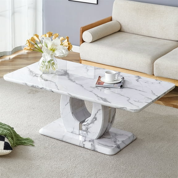 Furvclv Modern Coffee Table For Living Room, Rectangle Faux Marble Coffee Table With Thick Base Supports Accent Center Table For Study Room Office Hotel Balcony