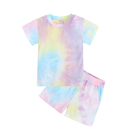 

Youmylove Children Girls Boys Kids Infant Baby Tie Shorts Set Clothes Tie-Dye Short Sleeve Pullover Top + Elastic Waist 2Pcs Set Outfit Baby Cute Clothing