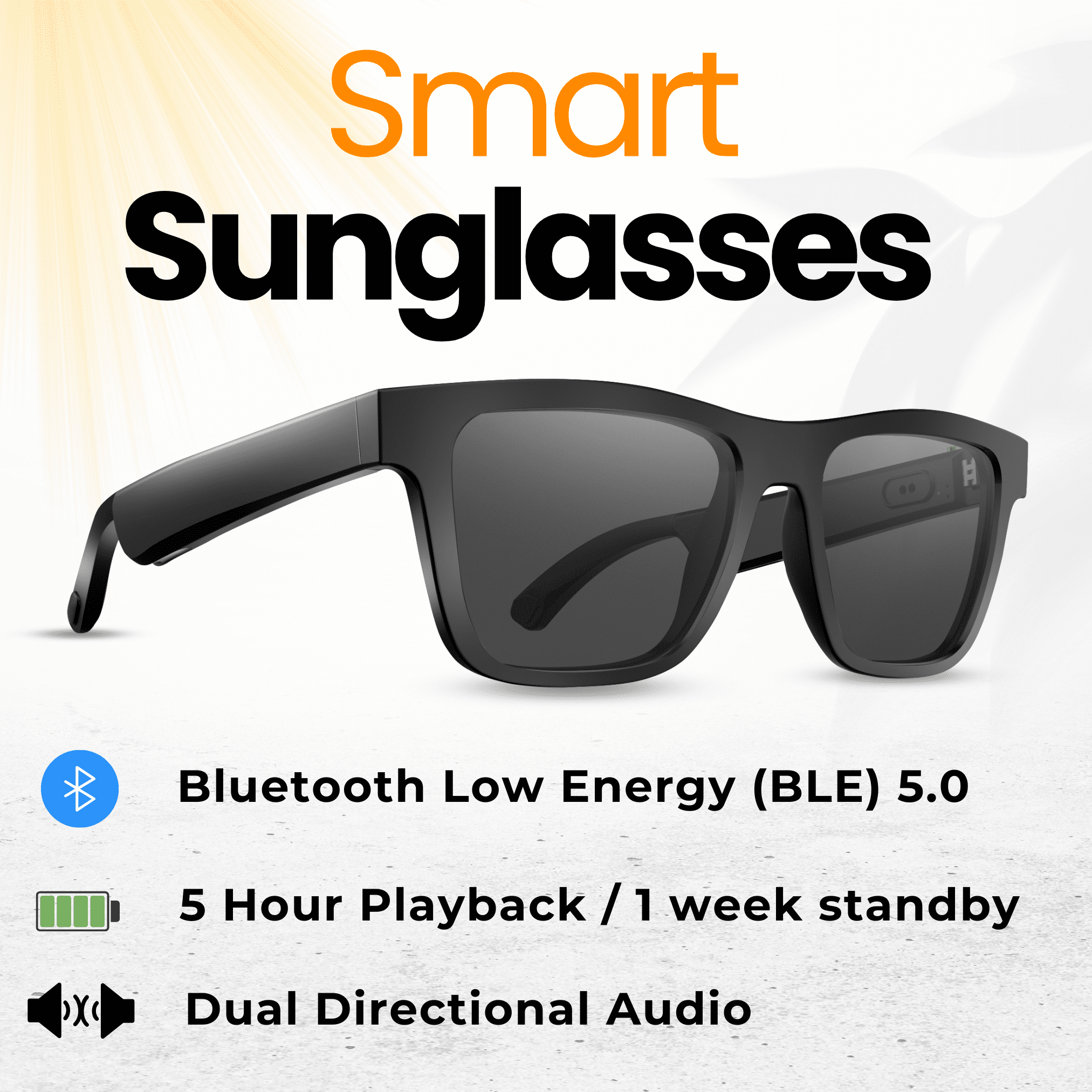 Smart Sunglasses, Audio Bluetooth Sunglasses with Dual Stereo Speakers, Voice Control - Athletic/Outdoor UV Protection and Sweatproof, Unisex