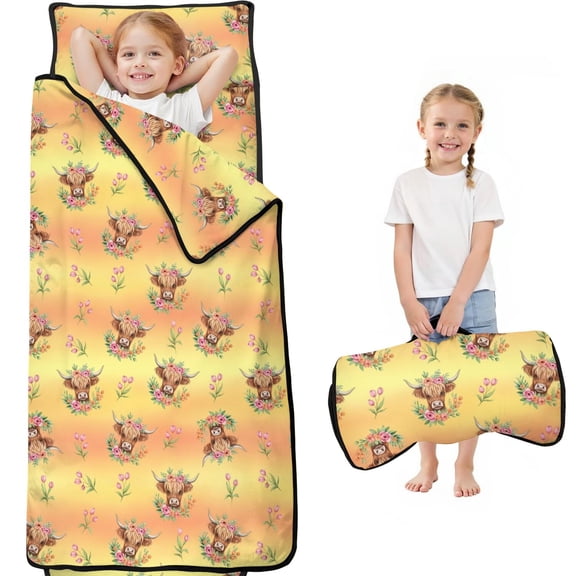 Highland Cow and Flower Print Teens Toddler Nap Mat with Pillow, Sleeping Mat Bag for Preschool Daycare 59"x22"