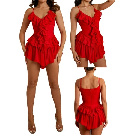 

Thaisu Women s Layered Sling Bodysuits Solid Color Sleeveless Spaghetti Strap V Neck Ruffle Leotard Tops for Club Party