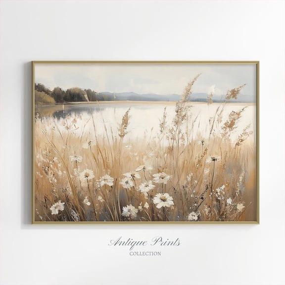 Muted Wildflower Wall Art, Neutral Beige Floral, Soft Tones Country Print, Lake Landscape Art, Farmhouse Decor, Poster, Unframed Poster Size 8x12