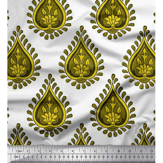 Soimoi Yellow Cotton Duck Fabric Floral Block Decor Fabric Printed Yard 42 Inch Wide