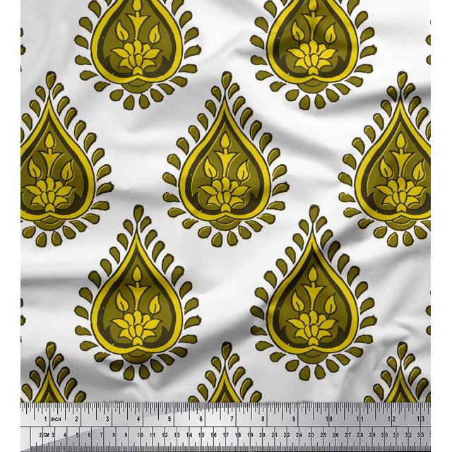 Soimoi Yellow polyester Crepe Fabric Floral Block Print Sewing Fabric Yard 52 Inch Wide