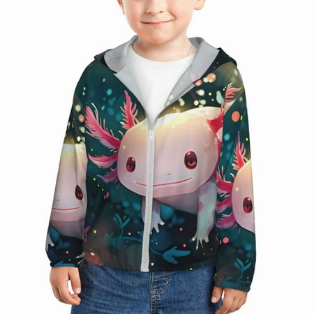 

Qekee Whimsical Axolotl Fantasy Print UPF 50+ Kids Sun-Protective Hooded Long Sleeve Rash Guard for Fishing Water Beach Sports -2 Years