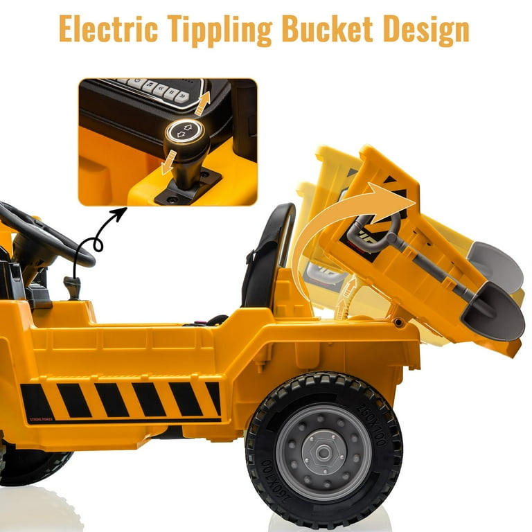 12V Kids Ride On Dump Truck – Electric Construction Vehicle With Dump Bed, Shovel, Remote Control & Music