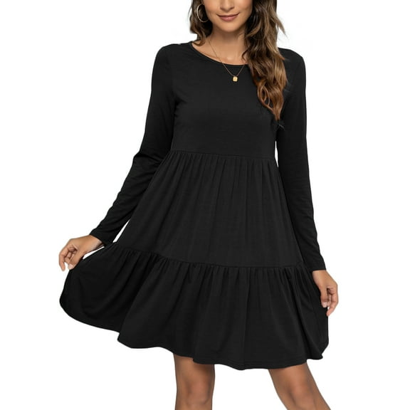 CALIPESSA Womens Fall Tiered Ruffle Hem Black Knee Length Dress Long Sleeve Boat Neck Solid Casual Flowy Pleated A-Line Dress