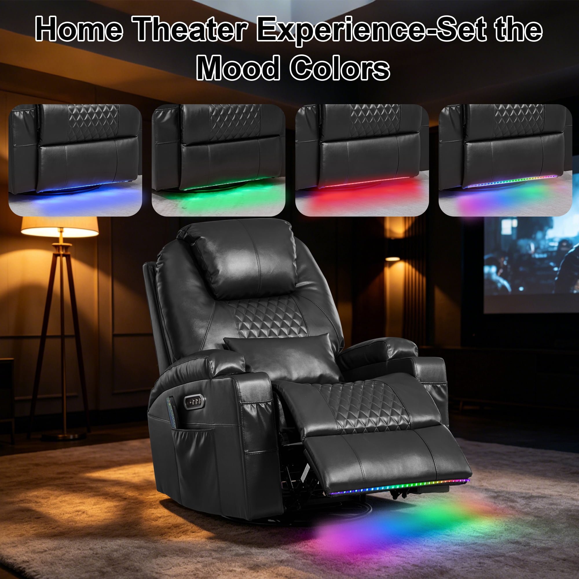 Dual Motor Power Swivel Rocker Recliner Chair for Adults with Heat and Massage, Electric Wall Hugger Rocking Recliner for Nursery Living Room with LED Lights, USB A&C Ports