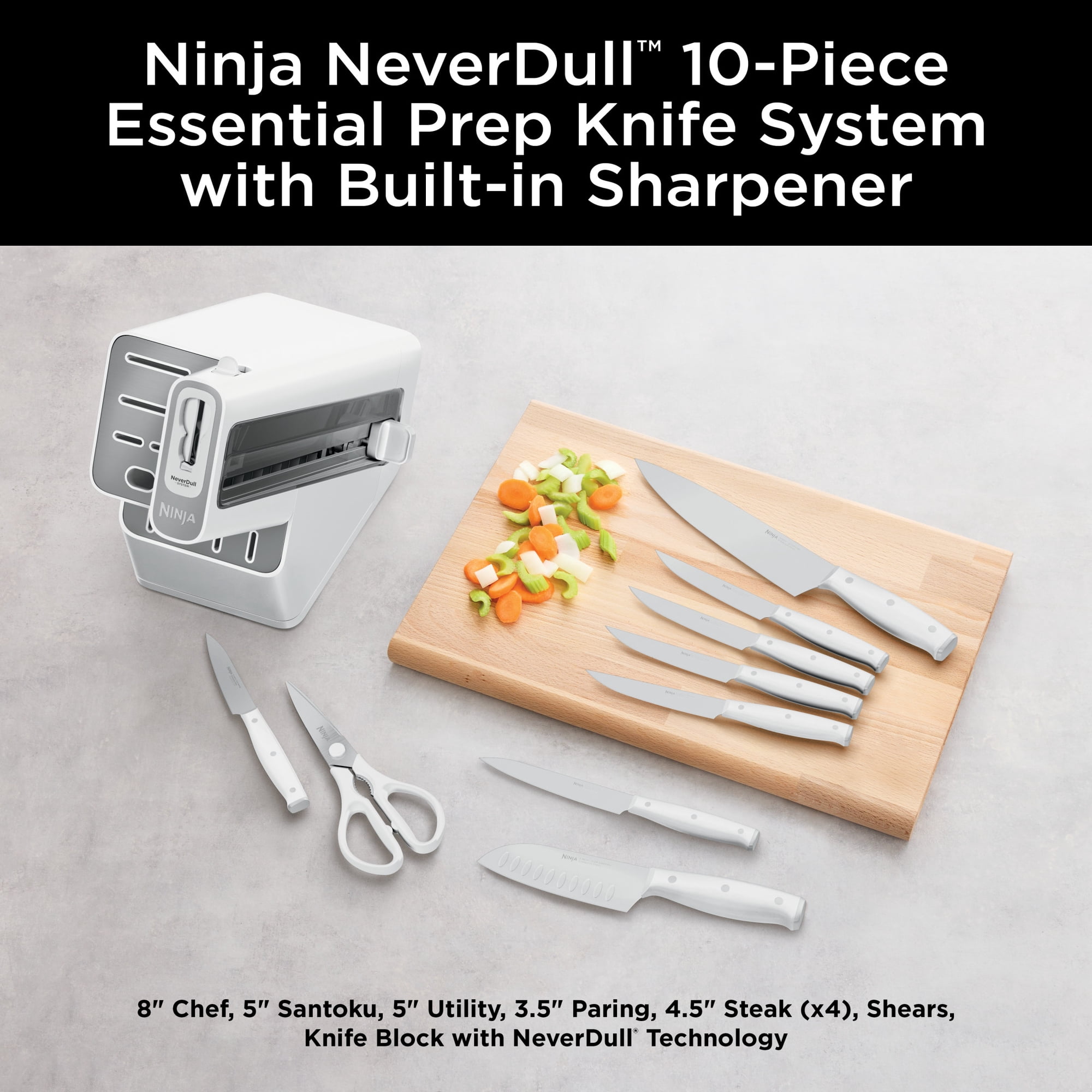 Ninja NeverDull Essential 10-Piece Knife System with Built-In Sharpener, Stain & Rust Resistant, K12010WH, White