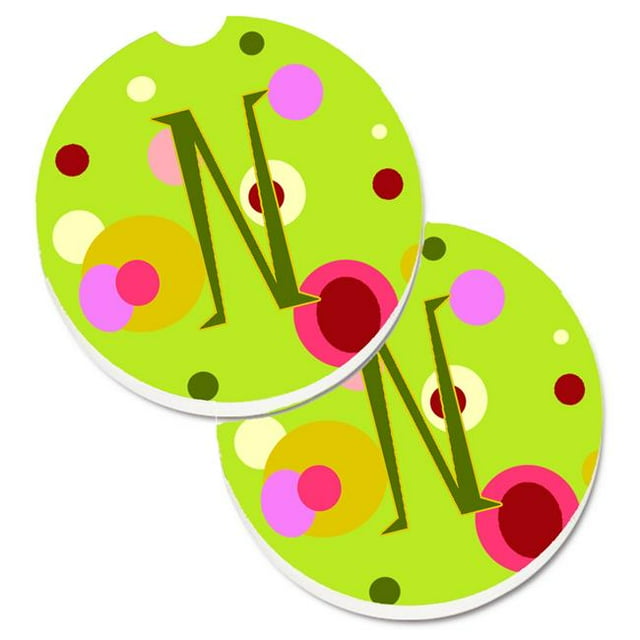 Letter N Monogram Lime Green Set of 2 Cup Holder Car Coaster