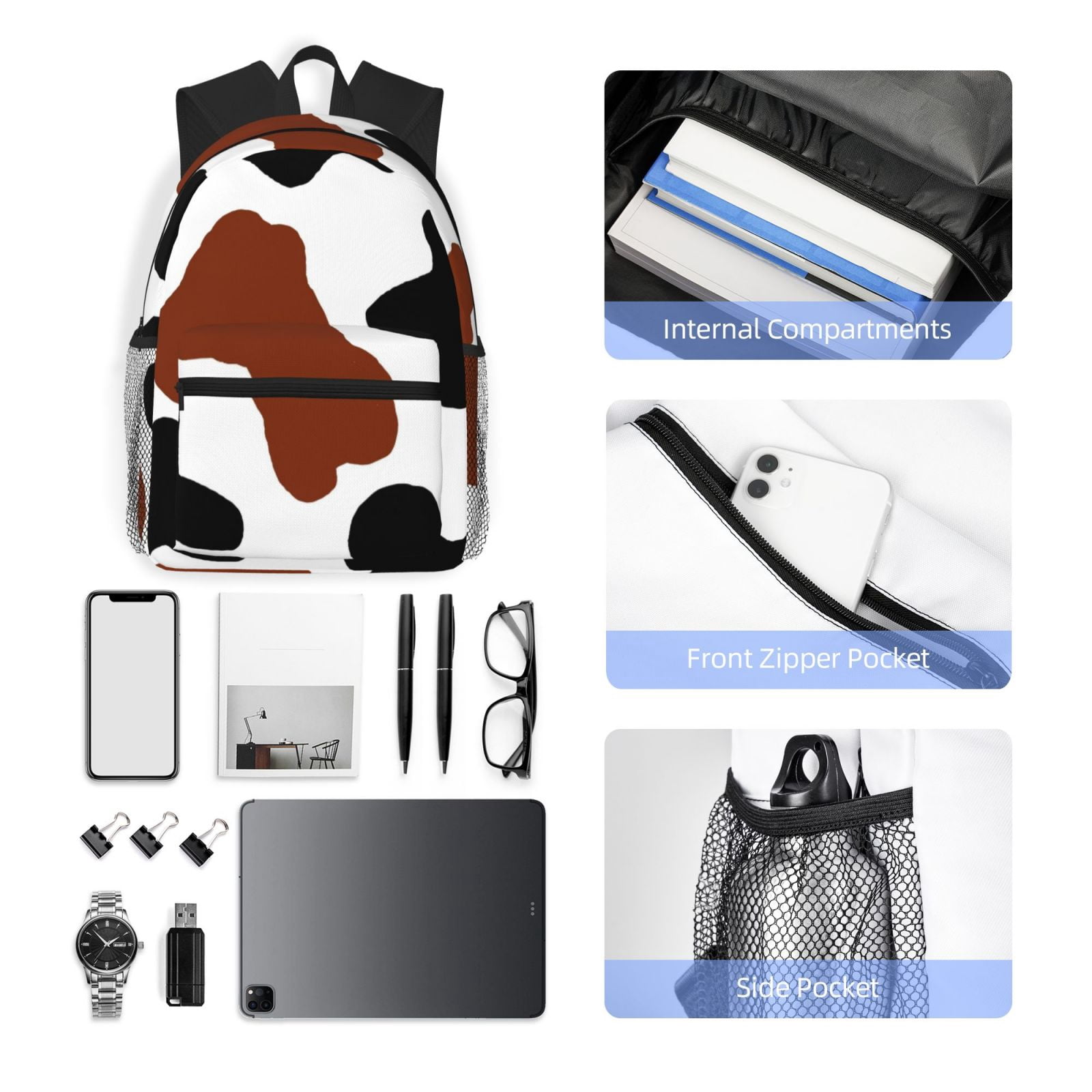 Vsdgher Brown Black Cow Print Unisex Large Capacity Bookbag Schoolbag Casual Daypack for High School/College/Teens/Travel/Work