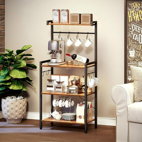 BOBOKY Kitchen Bakers Rack with Microwave Stand, 3-Tier Coffee Bar Station with 8 S-Hooks, Space Saving Storage Cart for Countertop, Pantry Organization.