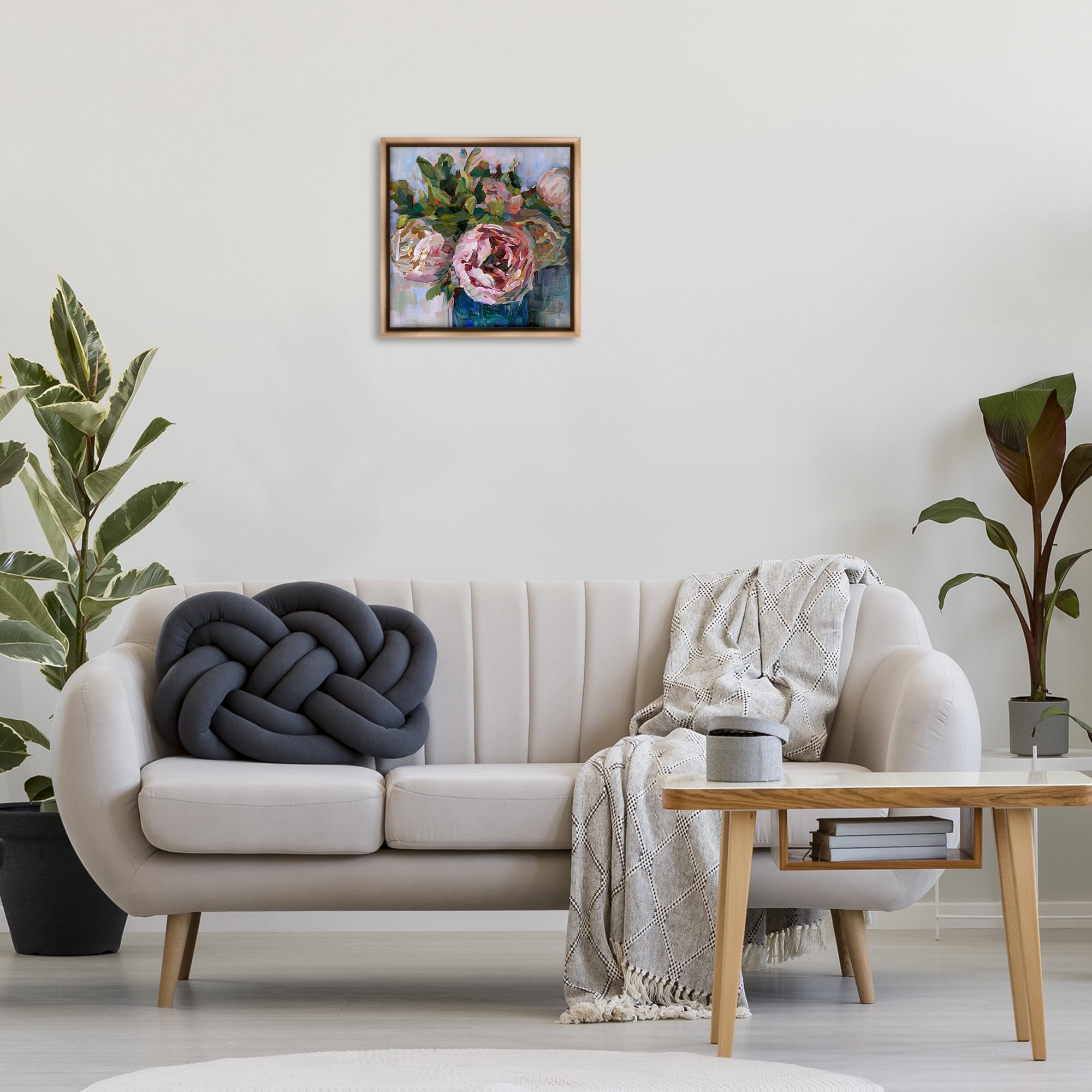Stupell Industries Full Ranunculus Bouquet Botanical & Floral Painting Brown Floater Framed Art Print Wall Art, 18 x 18