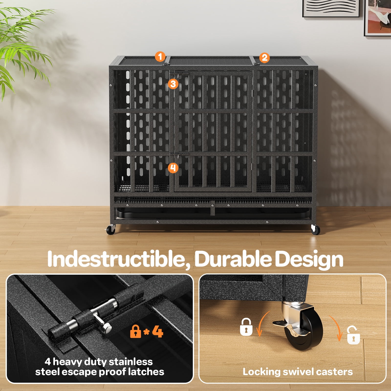 YOKWOK 38 Inch Heavy Duty Dog Crate for Small Dogs, Indestructible Chew-Proof & Escape-Proof Dog Cage for High Anxiety Dogs, Steel Dog Kennel with Locking Wheels & Removable Tray, Black