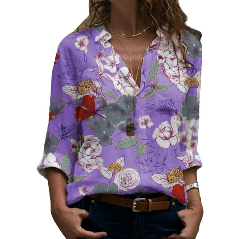 Grianlook Lapel V Neck Long Sleeve Tops For Women Floral Print Vintage  Hawaiian Shirts Casual Loose Pullover Blouse 