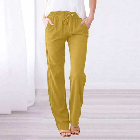 HKYNLAG Womens Cotton Linen Pants with Pockets Pull On Petite Pants Drawstring Elastic Waist Pants Lounge Mid Rise Pants Solid Lightweight Trousers Casual Summer Yellow 3XL