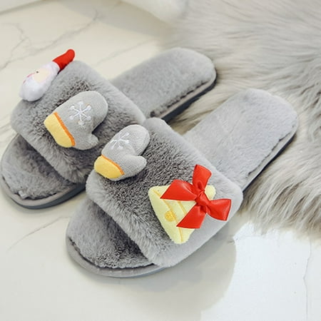 

FITORON Womens Slippers- Christmas Plush Open Toe Flat Comfortable Soft Warm Home Casual Cotton Slippers Shoes Gray 34