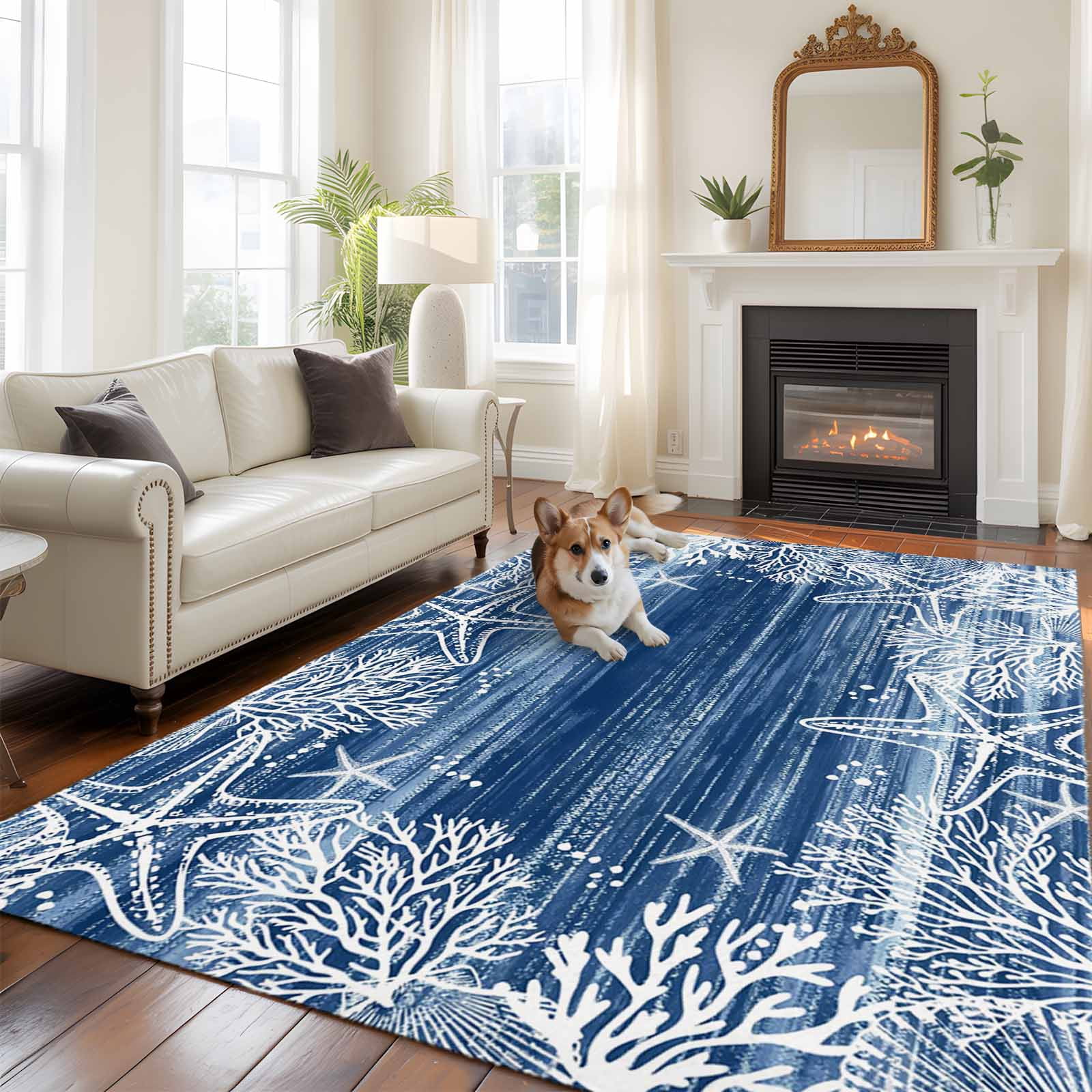 Blue Coastal Area Rugs 5'x8', Washable Small Throw Rugs for Classroom Bedroom, Summer Ocean Sea Waves Starfish Corals Indoor Outdoor Rug Non-Slip Low Pile Carpet Runner Reversible Floor Mats