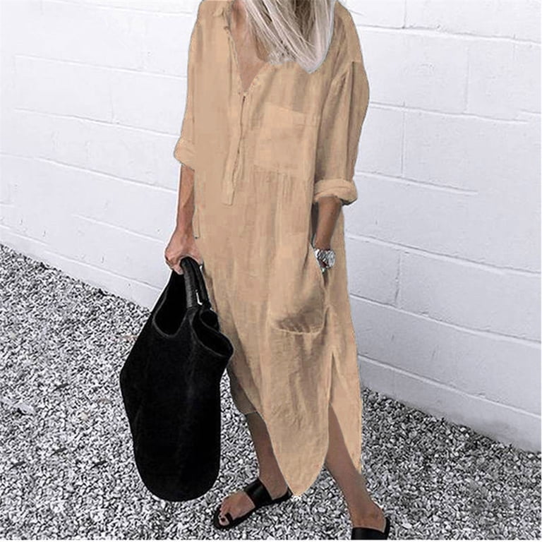 Summer Dresses for Women Easy Double Pockets Spaghetti Strap Dresses for Women Ruffle Layered Long Sleeves Fall Waffle Knit Solid Color Long Shirt Dress Khaki L - Walmart.com Summer Dresses for Women Easy Double Pockets Spaghetti Strap Dresses for Women Ruffle Layered Long Sleeves Fall Waffle Knit Solid Color Long Shirt Dress Khaki L - Walmart.com