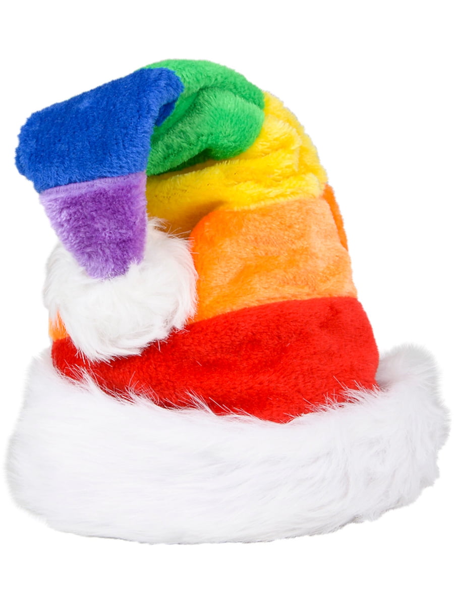 Christmas Rainbow Plush Faux Fur Trim Santa Hat Costume Accessory