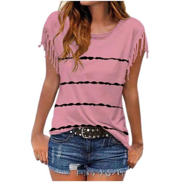 Pompotops Pull à Manches Courtes et Col Rond T-Shirt Décontracté Femme