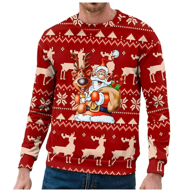 Sweat à Capuche pour Hommes Automne et Hiver Produits de Noël Col Rond Double Couche Flocon de Neige Drôle Père Noël et Imprimé Col Rond Sweat à Capuche
