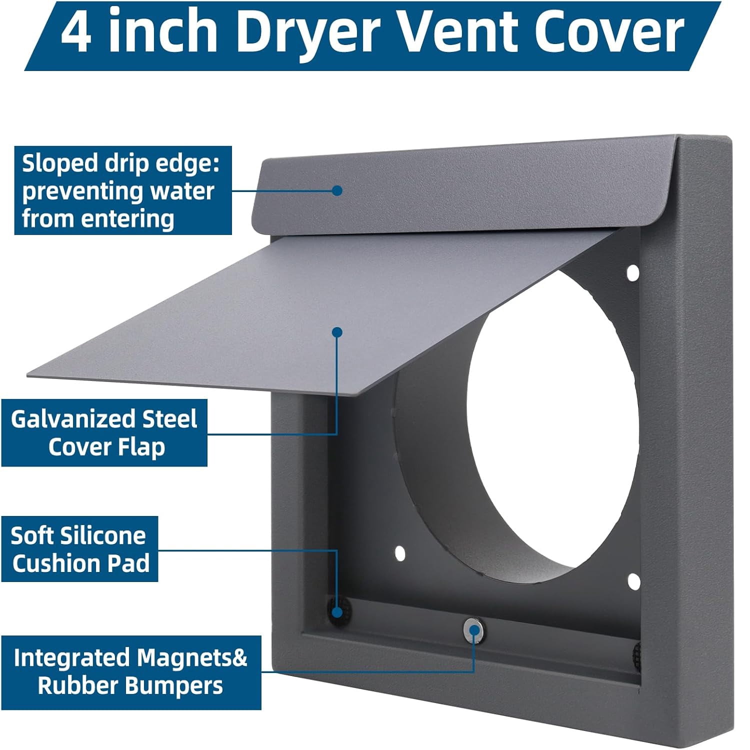 Dryer Vent Cover 4 Inch Galvanized Steel with Silicone Pad for Energy Saving Noise Reduction and Animal Proof Seal for Bathroom Exhaust Wall Vents