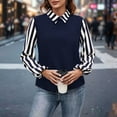thumbnail image 5 of ZHYou Women Striped Contrast Collar Tops,Loose Fit,Stretchy Soft Daily Office Wear Dress Shirts,Navy,Size S, 5 of 9