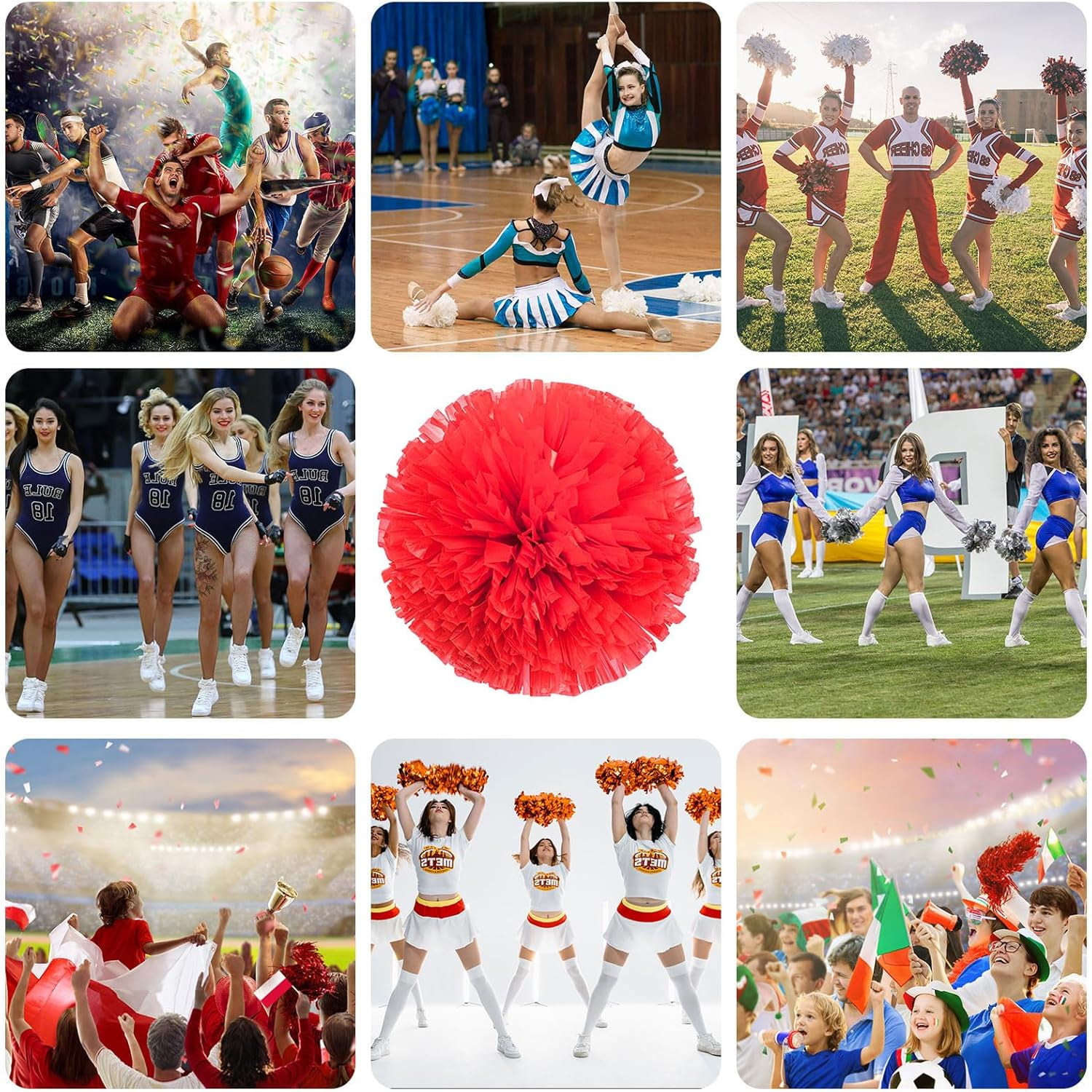 Cheerleader Pom Poms 24 Pack Sports Dance Cheering Plastic Metallic Cheerleading Pom Poms for Kids Adults-Ring Style