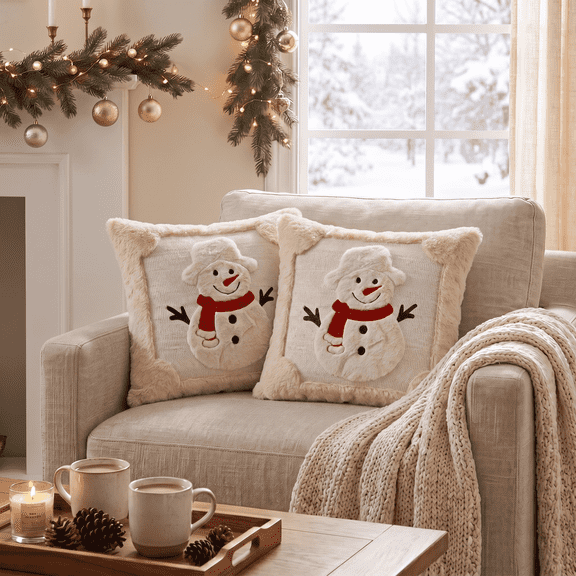 Sm:)e Beige Snowman Faux Fur Embroidered Plush Christmas Pillow Covers 18x18 Inch Set of 2, Cushion Covers for Sofa Home Decor